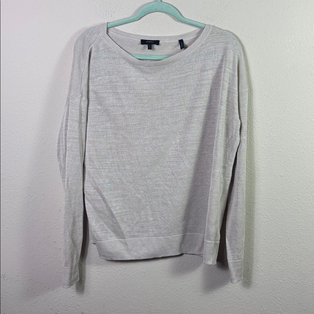 Theory Linen Viscose Blend Beige Greyish Crewneck Knit Sweater size Large